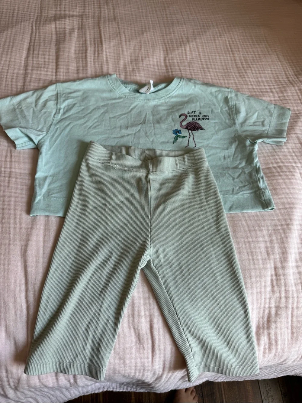 Zara Kids Mint Green Flamingo Two-Piece biking shorts Set